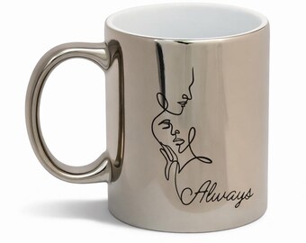 Taza personalizada para pareja, efecto espejo dorado/plateado, regalo de aniversario con arte lineal, regalo de San Valentín
