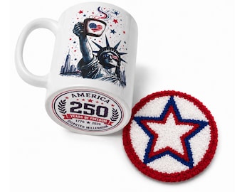 Juego de taza y posavasos con diseño de aguja perforadora del 250 aniversario de Estados Unidos / Estatua de la Libertad con estrella patriótica