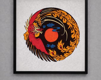 Fénix estilo huichol para colgar en la pared – Obra textil enmarcada / Decoración popular / Pieza única