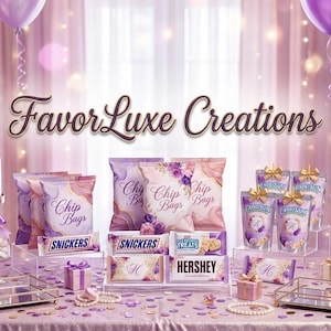 May include: A table display of party treats, including chip bags, chocolate bars, and biscuits, decorated with purple and pink balloons and ribbons. The text "Favor Luxe Creations" is visible.