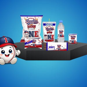 May include: A selection of baseball-themed party items, including crisps, a Capri Sun, a water bottle, and a Hershey's bar. Each item features a baseball character and the text "Rookie of the Year" and "ONE". A baseball character with a baseball cap is also present.