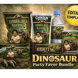 Op de afbeelding: Een Dinosaur Party Favor Bundle met diverse items zoals een snackzak, Capri Sun, een waterfles en een Hershey's reep. Elk item heeft een dinosaurus thema met de tekst "THREE-REX Kycen 3" en een afbeelding van een kind.