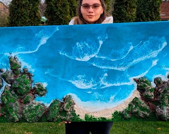 Pintura oceánica en resina 3D, decoración de musgo de playa