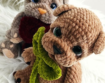 Pattern with description. Photo of the process. Amigurumi puppy. Crocheted plush dog.