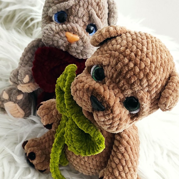 Pattern with description. Photo of the process. Amigurumi puppy. Crocheted plush dog.