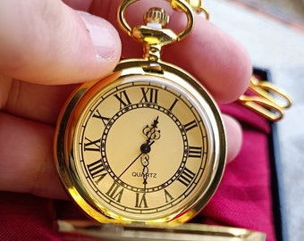 Goldene Taschenuhr mit Vintage-Quarzwerk, Taschenkette. Gold Feingold