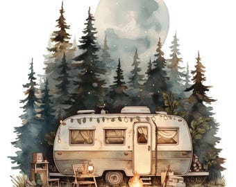 May include: A watercolour illustration depicts a vintage caravan in a forest under a full moon. The caravan is beige and white, adorned with fairy lights, and a small campfire burns nearby. Tall pine trees surround the caravan, creating a tranquil camping scene.