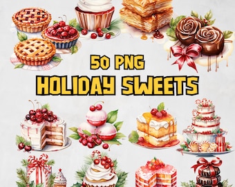 Watercolor Holiday Sweets Clipart Bundle, Christmas Deserts Clipart Set, Gingerbread House Images, Candy Cane Illustrations, Commercial Use