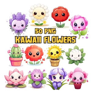 Lot de cliparts fleurs kawaii aquarelles | Joli ensemble de cliparts tournesol coloré, roses, tulipes, lys Illustrations graphiques PNG | Utilisation commerciale
