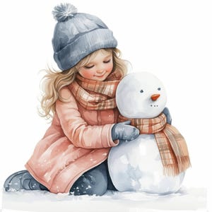 Lot de 12 cliparts fille et bonhomme de neige, image clipart bonhomme de neige ludique, clipart aquarelle imprimable, haute qualité JPG, créations en papier, journal indésirable