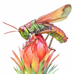 May include: A vibrant illustration of a grasshopper resting on a red and orange flower. The grasshopper features a green head, brown and green body, and orange wings. The flower has red petals and green leaves.