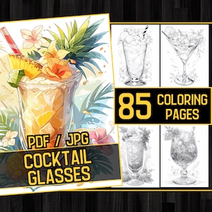 85 Cocktail Glasses Coloring Page Book, Adults kids Instant Download, Grayscale Beverage Coloring Pages, Printable PDF, Food Drink Coloring