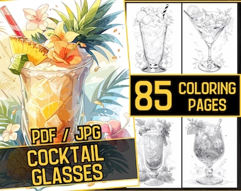 May include: A set of 85 colouring pages featuring various cocktail glasses. The pages are in black and white and feature detailed illustrations of different types of glasses, including a martini glass, a hurricane glass, and a margarita glass. The pages are perfect for adults and children who enjoy colouring.