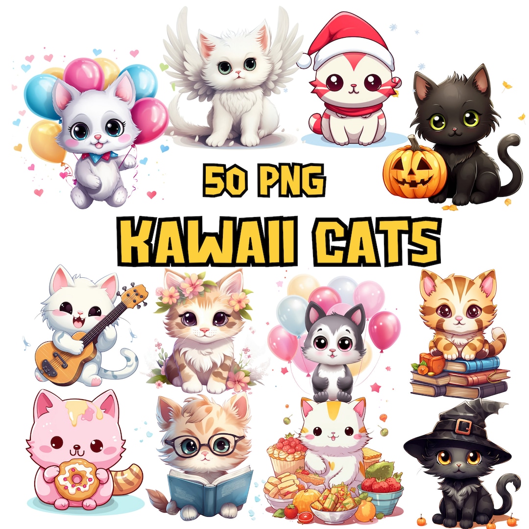 Watercolor Kawaii Cats Clipart Bundle | Cute Adorable Cat PNG Graphics ...