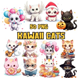 Watercolor Kawaii Cats Clipart Bundle | Cute Adorable Cat PNG Graphics, Kitten Image, Cat Lover, Nursery Decor Illustrations, Commercial Use