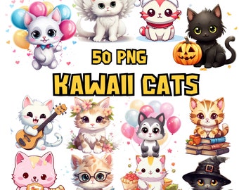 Watercolor Kawaii Cats Clipart Bundle | Cute Adorable Cat PNG Graphics, Kitten Image, Cat Lover, Nursery Decor Illustrations, Commercial Use