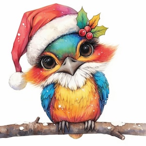 Pacote com 11 cliparts de pássaros com chapéu de Papai Noel, impressões de imagens de Natal, clipart em aquarela para impressão, JPG de alta qualidade, artesanato em papel, diários de sucata