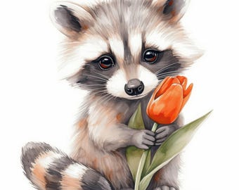 Paquete de 11 imágenes prediseñadas de mapaches con flores, ilustración imprimible en acuarela para guardería, archivos JPG de alta calidad, manualidades de papel, diarios basura, tarjetas