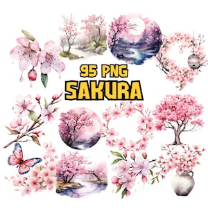 Aquarell Sakura Clipart | Frühlingsblumen und Bäume, Kirschblüte, Florale Clipart Illustrationen | Sofort Download für kommerzielle Nutzung