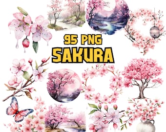 May include: A collection of 95 watercolor PNG images featuring pink cherry blossoms, also known as sakura. The images include individual blossoms, branches, wreaths, and full trees. Some images feature a moon, river, and other landscape elements.