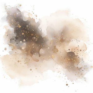 Puede incluir: Pintura abstracta de acuarela con una mezcla de tonos marrón, beige y dorado. La obra presenta formas suaves y difuminadas con acentos de purpurina dorada dispersa, creando un diseño texturizado y elegante sobre un fondo blanco.