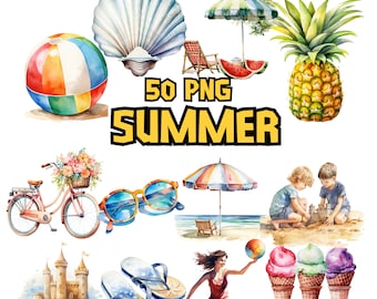 Watercolor Summer Clipart Bundle, Summer Clipart Set, Beach PNG, Sun Images, Sunglasses, Sandcastle, Palm Tree Illustrations, Commercial Use