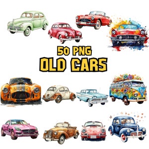 Watercolor Old Cars Clipart | Coupe, Colorful Classic Car Illustrations | 50 Separate PNG Image | Instant Download for Commercial Use