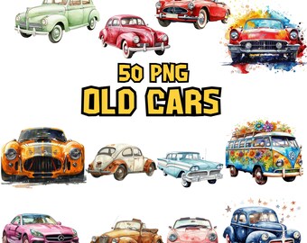 Clipart di auto d'epoca ad acquerello / Illustrazioni di auto d'epoca colorate e coupé / 50 immagini PNG separate / Download immediato per uso commerciale