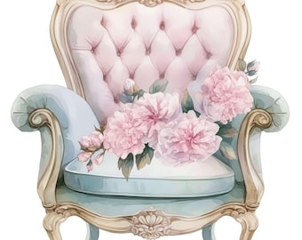 12 Vintage Floral Chair Clipart, Floral Chair Graphics, Printable Watercolor Clipart, Instant Digital Download, Scrapbooking, Junk Journals
