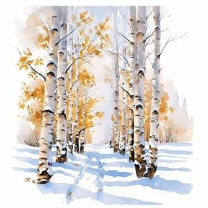 Lot de 10 cliparts hiver forêt de bouleaux, illustrations de paysages, clipart aquarelle imprimable, JPG haute qualité, créations en papier, journaux indésirables