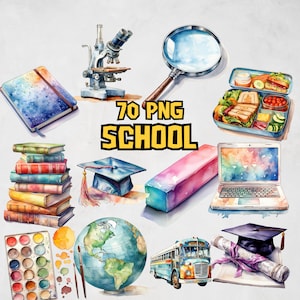 Watercolor School Clipart Bundle, Painted Back to School Clipart PNG Graphics, Back to School Images and Illustrations, Commercial Use