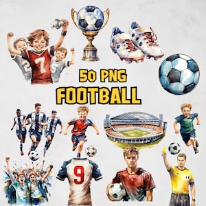 Watercolor Football Clipart Bundle, Soccer Clipart Set, Uniform Images, Player, Ball PNG, Sports Equipment Illustrations, Commercial Use