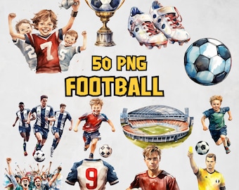 Watercolor Football Clipart Bundle, Soccer Clipart Set, Uniform Images, Player, Ball PNG, Sports Equipment Illustrations, Commercial Use