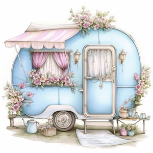 11 Cozy Camping Trailer Clipart Bundle, Printable Watercolor Outdoor Clipart, High Quality JPGs, Paper craft, Digital Download, Junk Journal