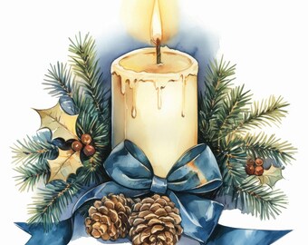14 Christmas Candle Clipart, Christmas Theme Design Set, Printable Watercolor Clipart, Instant Digital Download, Scrapbooking, Junk Journals