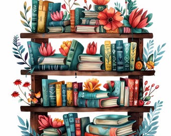 15 Floral Bookshelf Clipart Bundle, Coloured BookShelf Image, Printable Watercolor clipart, High Quality JPG, Digital download, junk journal