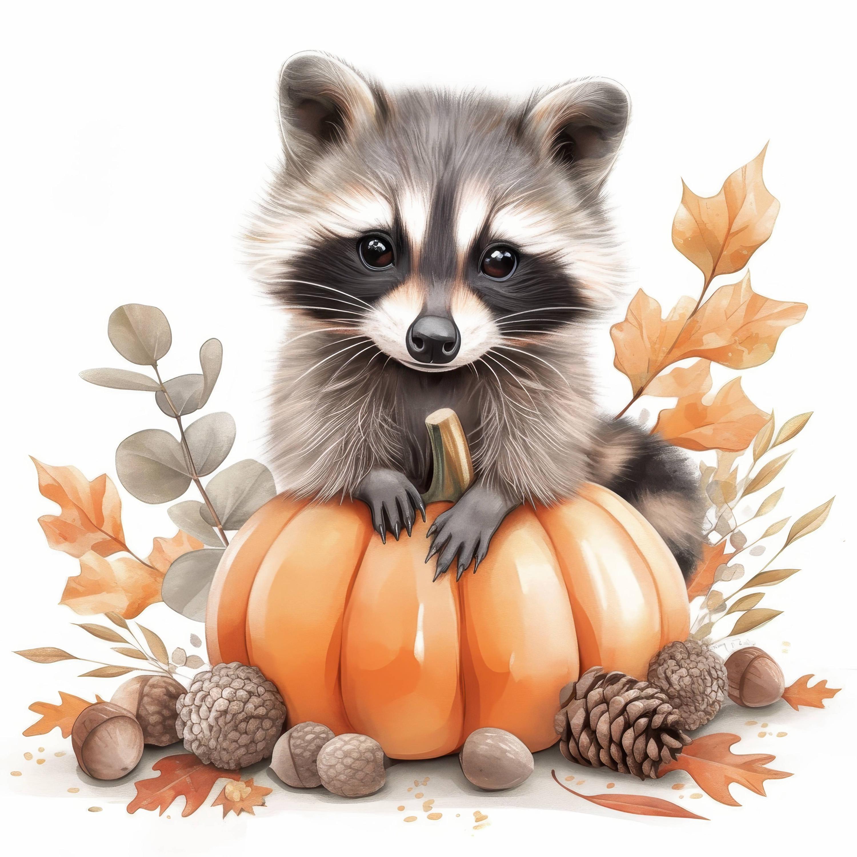 12 Cute Fall Raccoons Clipart Bundle, Autumn Raccoon Illustrations ...