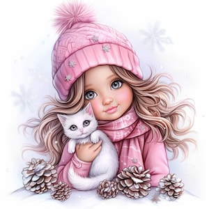 Paquete de 15 imágenes prediseñadas de chicas amantes de los gatos, ilustración de una chica con un gato, imágenes prediseñadas de acuarela imprimibles, JPG de alta calidad, manualidades de papel, diarios basura