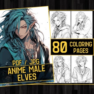 Anime Male Elves Adult Coloring Book 80 Handsome Coloring Pages,Grayscale Elf Boys Anime Manga Coloring,Instant Download,Printable PDF & JPG