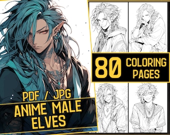 Anime Male Elves Adult Coloring Book 80 Handsome Coloring Pages,Grayscale Elf Boys Anime Manga Coloring,Instant Download,Printable PDF & JPG