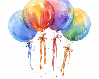 12 Colorful Party Balloons Clipart Bundle, Printable Watercolor Birthday Images Illustrations, High Quality JPGs, Junk Journals, Paper Craft