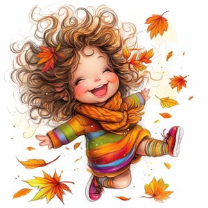 May include: A cheerful cartoon child with curly brown hair and a wide smile, wearing a colorful striped sweater, orange scarf, and red shoes. Autumn leaves are scattered around the child, creating a playful, seasonal scene.