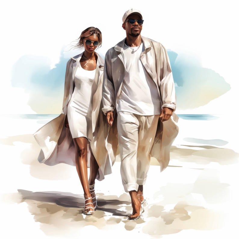 Romantic Black Couple at Beach Clip Art 13 High Res Watercolor Jpgs ...