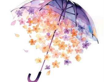 Zestaw 19 wiosennych clipartów z parasolami, do druku abstrakcyjne cliparty z parasolami w akwareli, wysokiej jakości pliki JPG, pobieranie cyfrowe, do użytku komercyjnego, do dziennika