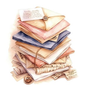 May include: Watercolor illustration of a stack of vintage envelopes in various colors, including tan, pink, and blue. A small card with handwritten text sits atop the stack, secured with a button. A twine string wraps around the stack, adding a rustic touch.