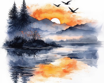 13 Sunset Over Lake Clipart Bundle, Serene Lake Illustrations, Printable Watercolor Clipart, High Quality JPG, Paper craft, Junk Journals
