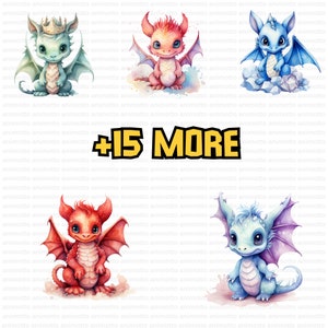 Watercolor Baby Dragons Clipart Bundle | Dragon Images, Adorable Dragon Illustrations | 65 PNG Graphic | Instant Download for Commercial Use