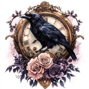 May include: A black raven perched on an ornate gold clock face with Roman numerals. The clock is surrounded by pink and purple flowers.