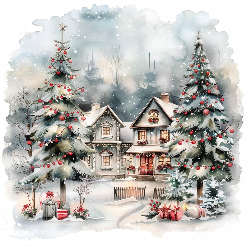 19 Christmas House Clipart Bundle, Printable Watercolor Clipart