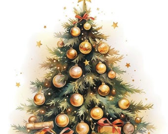 May include: A watercolour illustration of a decorated Christmas tree. The tree is decorated with gold baubles, a star topper, and a red bow. Presents wrapped in gold and red ribbon are at the base. The background has a soft, warm gradient.